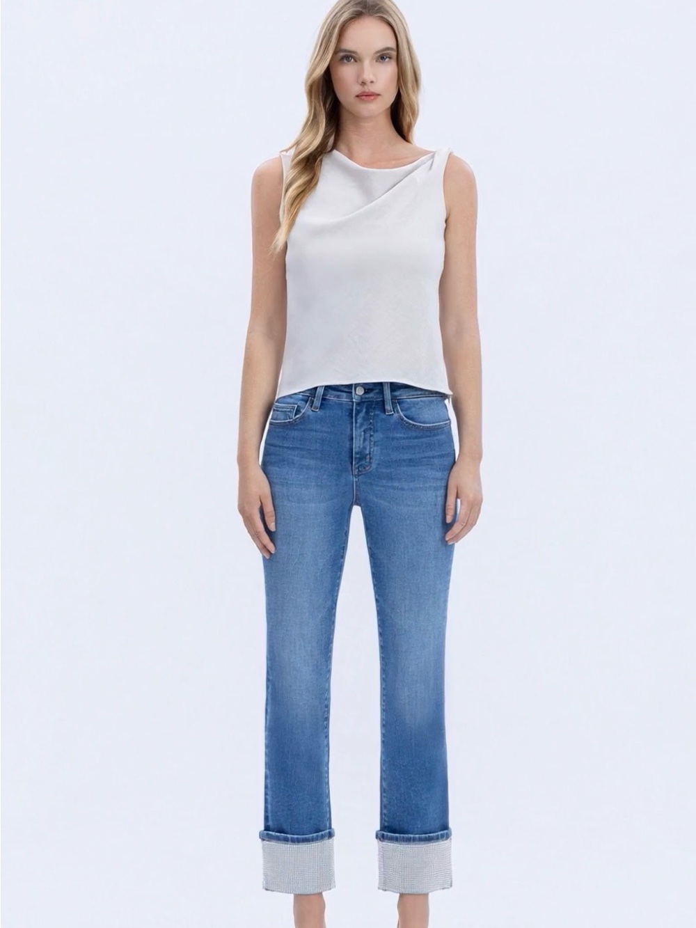 Vervet High Rise Rhinestone Cuffed Slim Straight Jeans